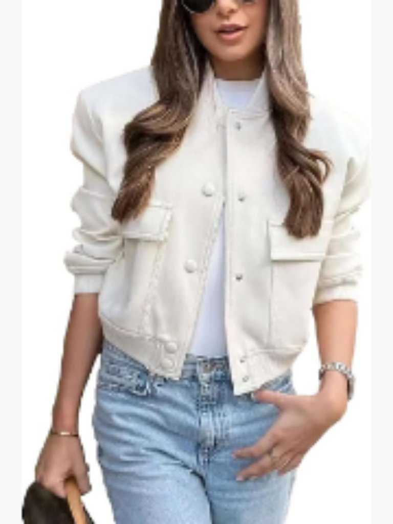 Cropped Bomber Jacket Button Down Varsity Shacket With Pockets